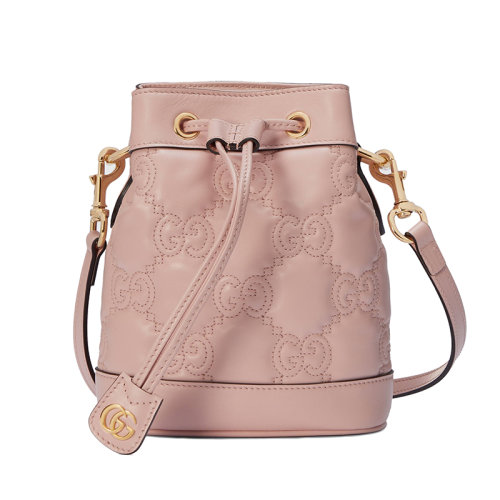 GUCCI/古馳 23春夏新款 女士迷你粉紅色絎縫皮革金色飾面雙G抽繩開(kāi)合拆卸肩帶單肩斜挎水桶包728231UM8HG5941