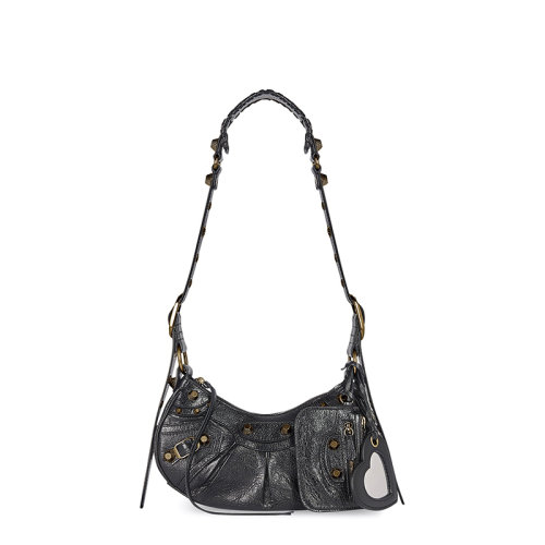 Balenciaga/巴黎世家 22新款LE CAGOLE系列 女士XS款黑色鱷魚壓紋小羊皮搭金扣單肩手提腋下包671309210F61000