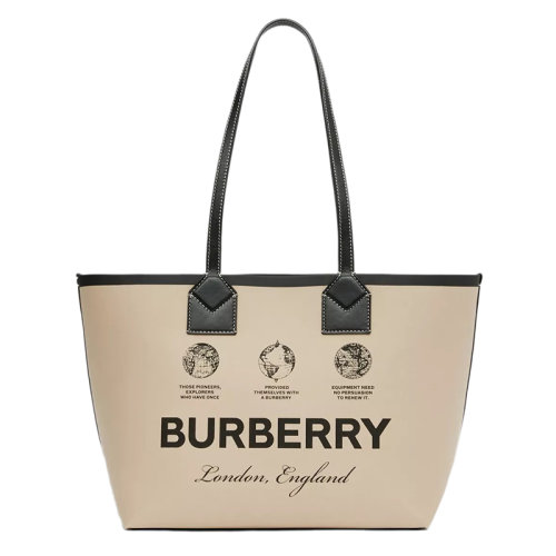 BURBERRY/博柏利 22新款 London系列 女士小號奶咖色皮革字母印花圖案皮革手柄單肩托特包80631201