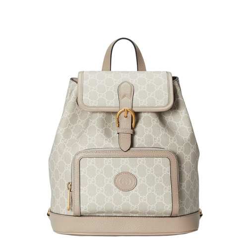 GUCCI/古馳 22春夏新款 女士米白色老花帆布皮革滾邊紅綠肩帶翻蓋抽繩雙肩包674147UULCT9682