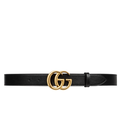 GUCCI/古馳  新款女士黑色皮革亮金雙G扣腰帶3cm 414516 0YA0G 1000