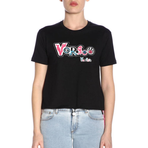 VERSACE/范思哲 女士黑色棉質(zhì)經(jīng)典字母徽標(biāo)印花裝飾圓領(lǐng)短袖上衣T恤 BD90718-BJ10388-B1008