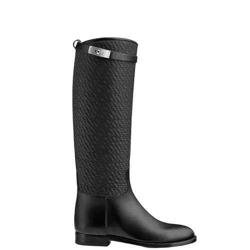 HERMES/愛(ài)馬仕 22年春夏新款 女士黑色絎縫帆布和牛皮革馬術(shù)風(fēng)格Jumping平底高筒靴H212120Z02365