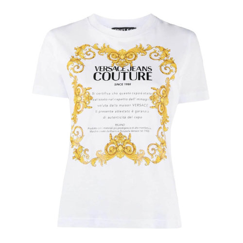 VERSACE JEANS/范思哲牛仔 女士純色棉質(zhì)經(jīng)典標(biāo)志性印花裝飾圓領(lǐng)短袖上衣T恤 B2HWA7TJ-30319 多色可選