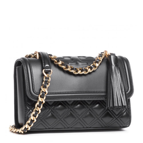 Tory Burch/湯麗柏琦 女士黑色皮革菱形格紋翻蓋磁扣開合單肩包斜挎包鏈條包女包 75576-001