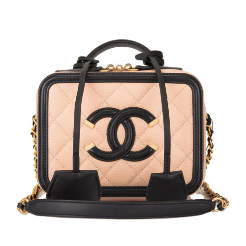 CHANEL/香奈兒 經(jīng)典 Filigree Vanity Case淺米色和黑色魚子醬皮 金色五金鏈條化妝箱包單肩包