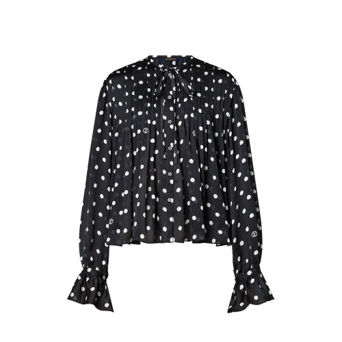 Louis Vuitton/路易威登 22年春夏新款 PERSONALLY LV 70系列 女士黑色桑蠶絲荷葉邊波點(diǎn)襯衫1A9WUP