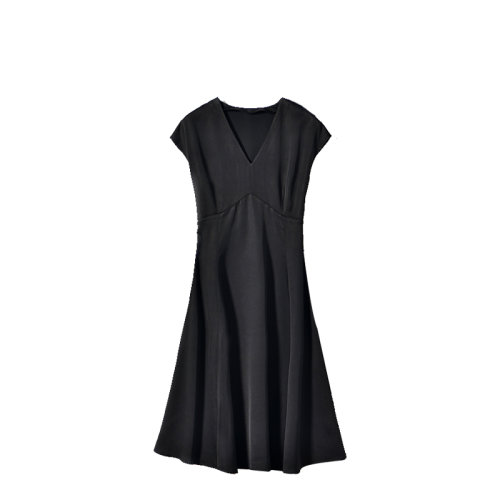 GeleiStory/GeleiStory  夏季新款氣質(zhì)修身顯瘦收腰醋酸小黑裙V領(lǐng)傘擺腰帶連衣裙女裝＞女士裙裝＞女士連衣裙