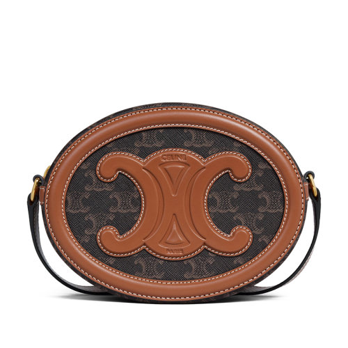 CELINE/賽琳 22新款OVALE系列 女士老花帆布配棕色系皮革同色系凱旋皮扣拉鏈開合單肩斜跨包198602EIN.04LU