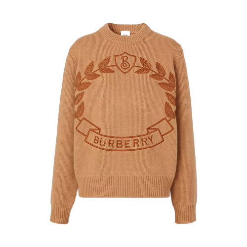 BURBERRY/博柏利 女士深褐色羊毛羊絨混紡刺繡樹(shù)葉圖案羅紋圓領(lǐng)長(zhǎng)袖毛衣80621031