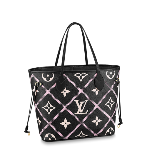 Louis Vuitton/路易威登 22春夏新款NEVERFULL系列 女士中號(hào)黑色粒面牛皮革老花壓花刺繡圖案皮質(zhì)抽繩單肩斜跨手提包M46040