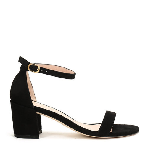 Stuart Weitzman/斯圖爾特韋茨曼 女士黑色麂皮絨一字帶粗跟鞋高跟鞋涼鞋女鞋 SIMPLE-SUE-BLACK