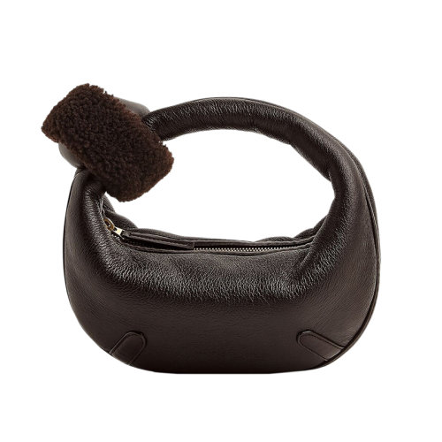 Bottega Veneta/葆蝶家 22新款 女士迷你深棕色剪羊毛配羔羊皮黃銅飾面拉鏈開(kāi)合手提包717511V2GR12206