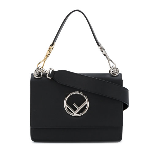 FENDI/芬迪 女士黑色皮革經(jīng)典F徽標(biāo)翻蓋磁扣開(kāi)合手提包單肩包斜挎包女包 8BT284-2IH-F0GXN