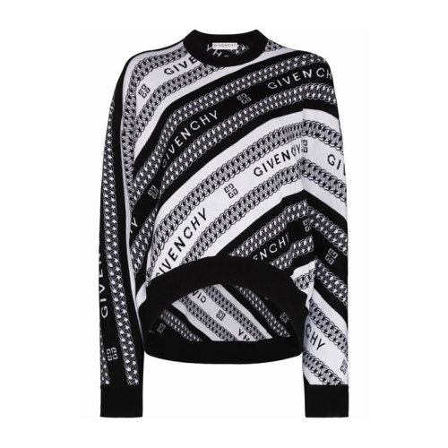 Givenchy/紀(jì)梵希 女士黑白拼色羊毛經(jīng)典字母徽標(biāo)嵌花裝飾圓領(lǐng)長(zhǎng)袖上衣毛衣針織衫套頭衫 BW90CE4Z7J-004