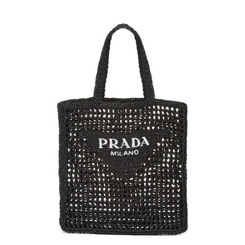 PRADA/普拉達(dá) 22新款 女士黑色酒椰纖維解構(gòu)式單肩手提鏤空托特包1BG393_2A2T_F0002_V_OOO