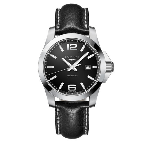 LONGINES/浪琴  康卡斯系列 石英表黑盤精鋼表殼皮質(zhì)表帶男表43毫米L3.760.4.56.3