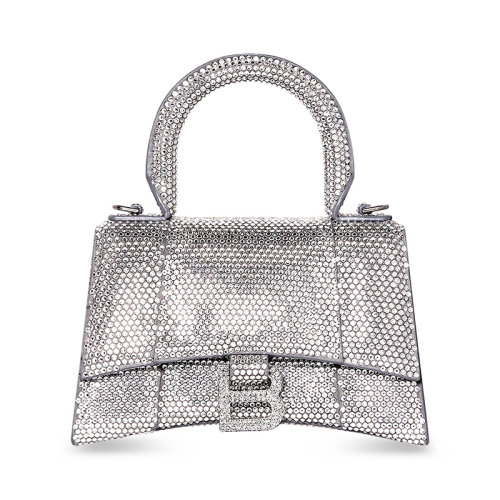 Balenciaga/巴黎世家 22新款 HOURGLASS MODEL XS系列 女士灰色絨面小牛皮水鉆舊銀色飾面拆卸調(diào)節(jié)肩帶水鉆標(biāo)志鉚釘磁扣肩背手提包59283328D0Y1272
