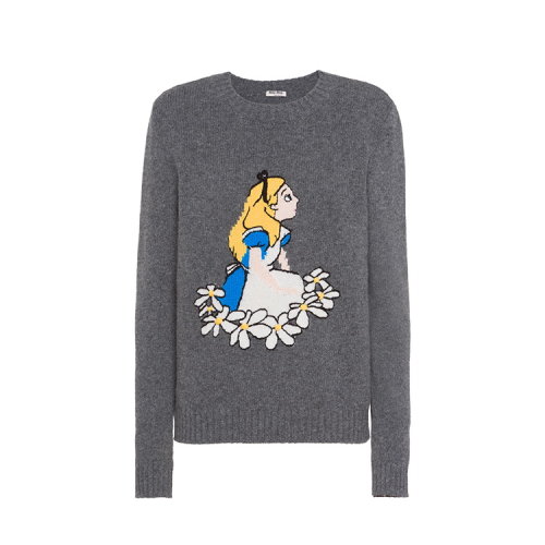 MiuMiu/繆繆 深灰色 女士愛麗絲卡通圖案羔羊毛針織衫 MML288_AGR_F0480
