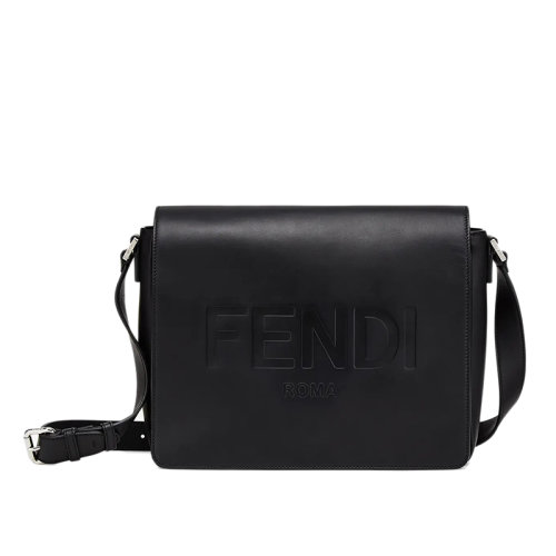 FENDI/芬迪  黑色小牛皮印“Fendi Roma”磁扣單肩斜挎郵差包7VA521AFBFF0GXN