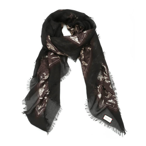 GUCCI/古馳 女士黑色莫代爾真絲混紡大蔓藤花紋末端流蘇披肩圍巾圍脖絲巾方巾 415538-3G856-1079