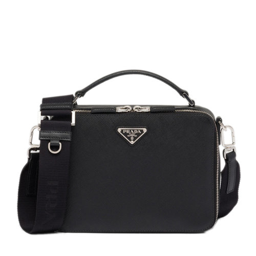 PRADA/普拉達(dá) 22年新款Brique系列 男士黑色Saffiano皮革銀扣三角徽標(biāo)配織物肩帶單肩斜跨包手提包2VH069_9Z2_F0002_V_YMI