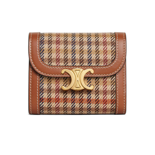 CELINE/賽琳 22新款 TRIOMPHE系列 女士彩色小號格子花呢配小牛皮飾邊金屬搭扣按扣翻蓋開合錢包10D782EN9.14ML