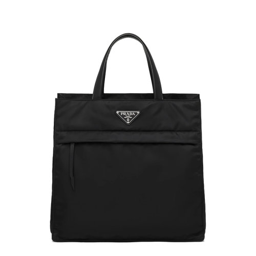PRADA/普拉達(dá)  男士黑色再生尼龍皮革細(xì)節(jié)扁平皮革提手金屬徽標(biāo)手提斜跨單肩托特包2VG076_RDLN_F0002_V_OOO