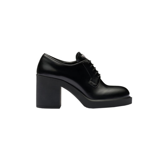 PRADA/普拉達(dá) 22年新款 女士黑色皮革飾有金屬三角標(biāo)志圓形打蠟鞋帶橡膠鞋底高跟樂福鞋1E976M_055_F0002_F_085