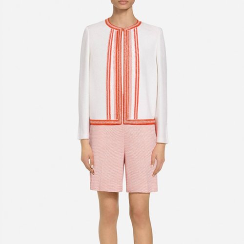 St.John/盛薔白色紅色條紋羊毛針織短款開衫女士夾克外套K61Z013