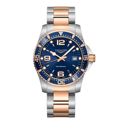 LONGINES/浪琴  康卡斯?jié)撍盗?石英表藍(lán)盤精鋼粉色PVD表帶表殼男表41毫米L3.740.3.98.7