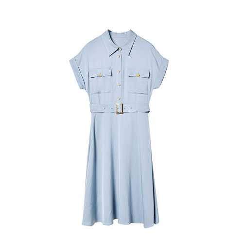 GeleiStory/GeleiStory  夏新氣質(zhì)通勤系帶收腰工裝袖大口袋大擺襯衫連衣裙  女裝＞女士裙裝＞女士連衣裙