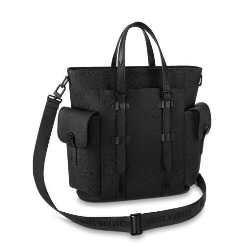 Louis Vuitton/路易威登 經(jīng)典款CHRISTOPHER TOTE系列 男士黑色紋理牛皮革徽標(biāo)壓印配可拆卸肩帶斜跨單肩手提托特包M58479