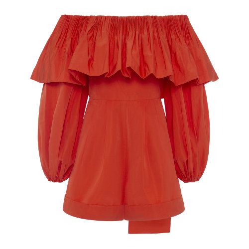 Valentino/華倫天奴 橙色 女士秀款荷葉擺設(shè)計一字領(lǐng)連體褲【RUNWAY SS20】 TB0VE1B04H2CDM 2020年春夏