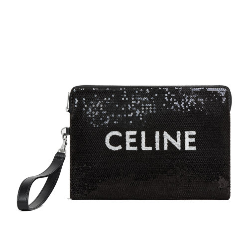 CELINE/賽琳 22新款 女士黑色亮片配皮飾白色徽標字母印花配可拆卸手環(huán)提手拉鏈開合手拿包10J983EN2.38SI