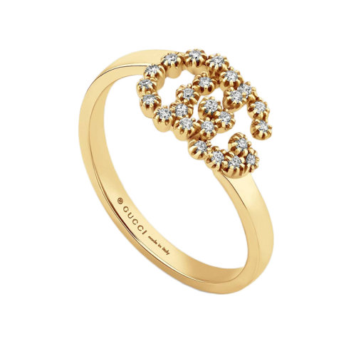 GUCCI/古馳 GG Running系列 經(jīng)典雙G鑲有鉆18k金黃金戒指 481650J85408000