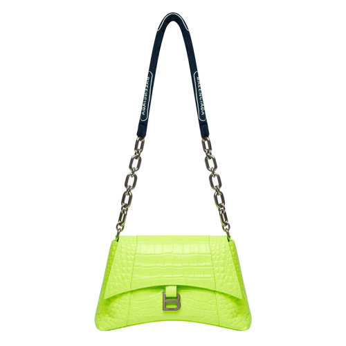 BALENCIAGA/巴黎世家 22春夏新款Downtown系列 女士小號熒光綠小牛皮鱷魚壓紋彎曲徽標鏈式單肩包 6890582106G7260