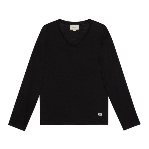 GUCCI/古馳 22年春夏新款 Epilogue系列 男士黑色亞麻面料雙G圖案V領(lǐng)長袖T恤645270XJC6N1043