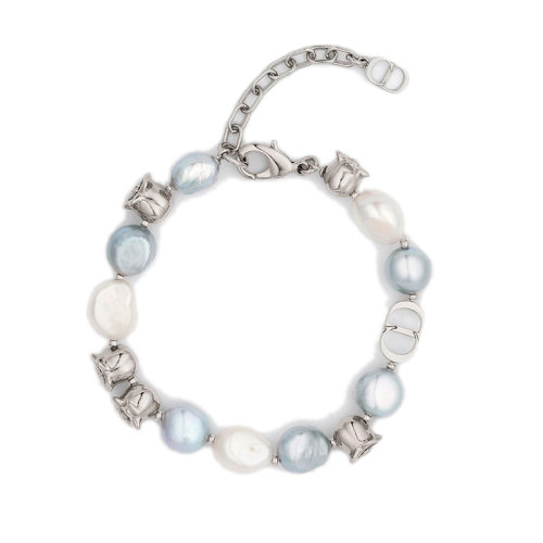 DIOR/迪奧 22新款 男士銀色鍍銀黃銅配灰色/白色淡水珍珠鈴蘭形狀珠子手鏈B1661HOMGM_D009