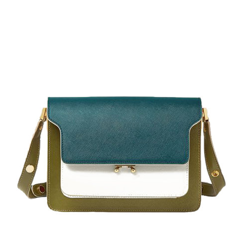 MARNI/瑪尼 20 TRUNK系列 墨綠鹿皮拼接白色小牛皮經(jīng)典風琴包 斜挎 單肩包 SBMPN09U49LV520Z273I