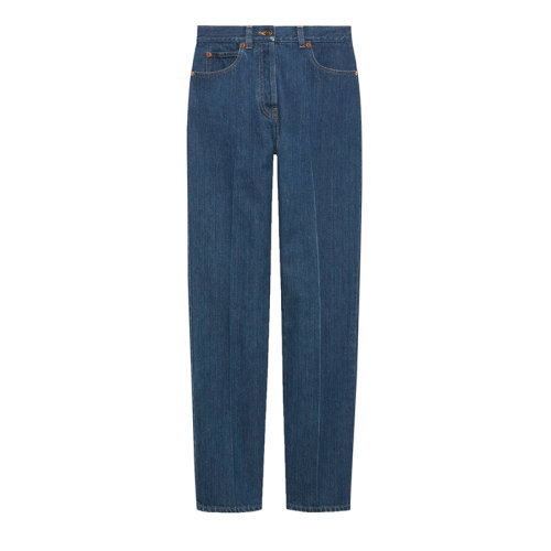 GUCCI/古馳 22秋冬新款 女士深藍(lán)色純棉口袋飾馬銜扣直筒高腰牛仔褲666799XDBQT4759