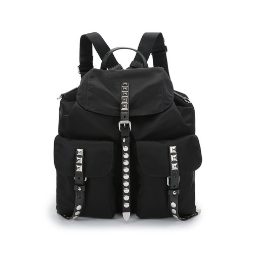 PRADA/普拉達(dá) 女士BlackNylon系列拼色織物鉚釘裝飾雙肩包 1BZ811 2BYB