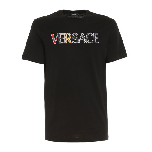 VERSACE/范思哲 男士黑色棉質(zhì)經(jīng)典字母徽標刺繡裝飾圓領(lǐng)短袖上衣T恤 1002463-1A01811-1B000