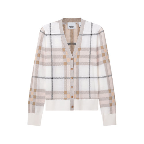 BURBERRY/博柏利【22秋冬新款】女款綿羊毛薄款V領(lǐng)針織衫羊毛衫開衫格紋圖案 80558401