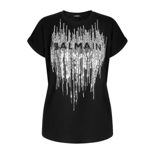 Balmain/巴爾曼 黑色 女士水鉆流蘇裝飾短袖T恤  春夏