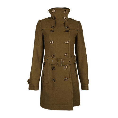 Burberry/博柏利 女裝 服飾 橄欖綠羊毛混紡長(zhǎng)款雙排扣立領(lǐng)設(shè)計(jì)修身外套毛呢女士大衣