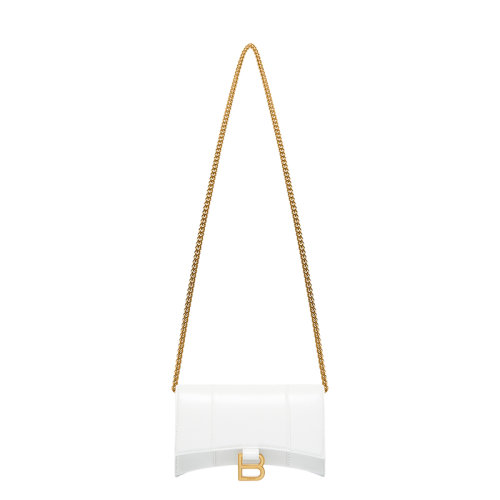 Balenciaga/巴黎世家 22新款HOURGLASS系列 女士迷你白色小牛皮金扣鏈條單肩斜挎沙漏型錢(qián)包6560501QJ4M9000