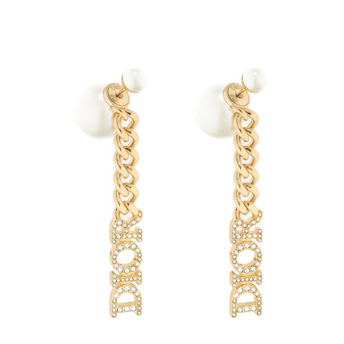 DIOR/迪奧 TRIBALES系列 金色飾面金屬DIOR鑲嵌晶體白色樹脂珠耳環(huán)E1723TRICY_D301