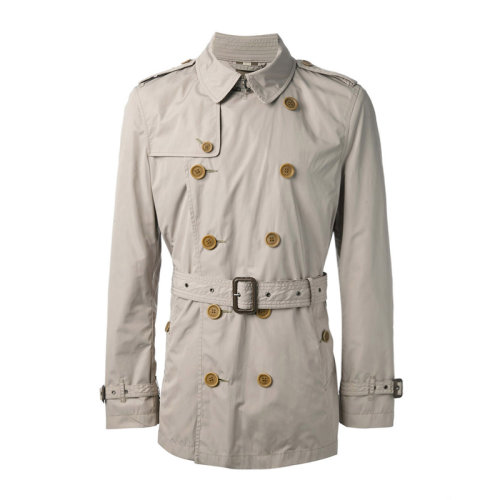 BURBERRY/博柏利 男士杏色滌綸雙排扣束腰修身中款風(fēng)衣大衣