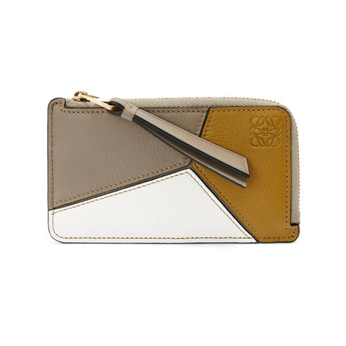 LOEWE/羅意威 22年新款Puzzle系列 女士月桂綠/赭石色/白色三色拼接牛皮革拉鏈開合雙折硬幣包卡片包C510R50X04-1855